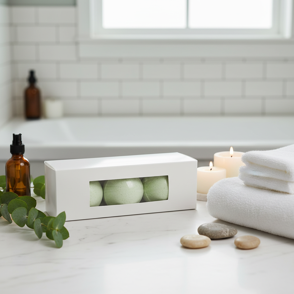 Eucalyptus bath bomb fizzing in water releasing soothing eucalyptus fragrance and skin-nourishing ingredients