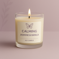 Calming jasmine and vanilla scented soy candle creating a peaceful spa-like ambiance