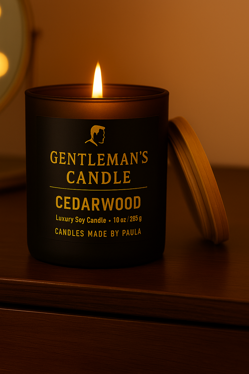 Matte black jar Cedarwood Candle with earthy cedarwood, amber, and sandalwood scent for calm and focus