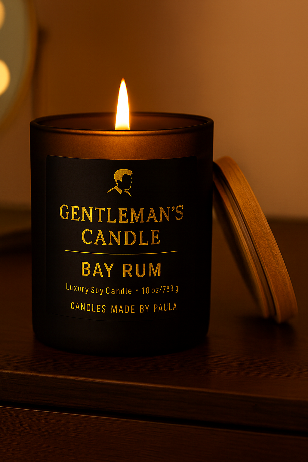 Bay Rum candle in matte black jar with classic spicy fragrance for vintage grooming ambiance