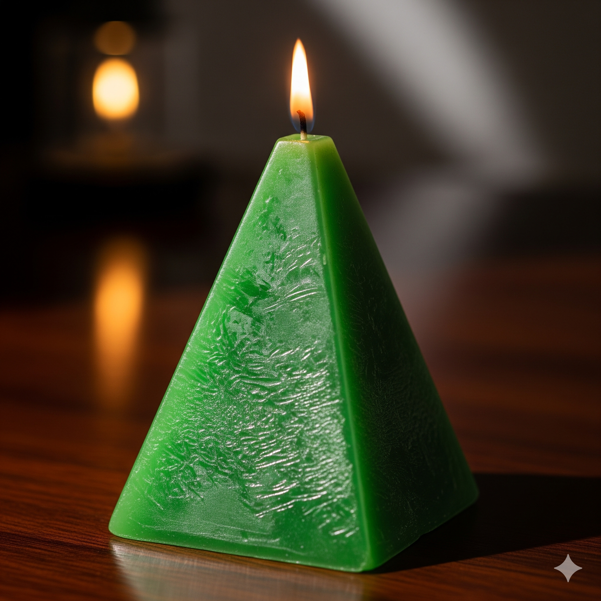 Hand-poured pyramid candle in purple, white, and green soy wax with lavender, rose, lemon, or unscented options for meditation and spiritual ambiance