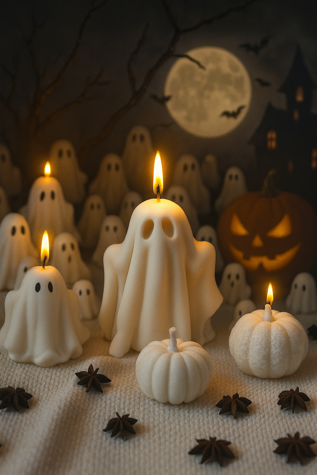 4pc Set Ghost with 3 Pumpkins (small, medium, large)