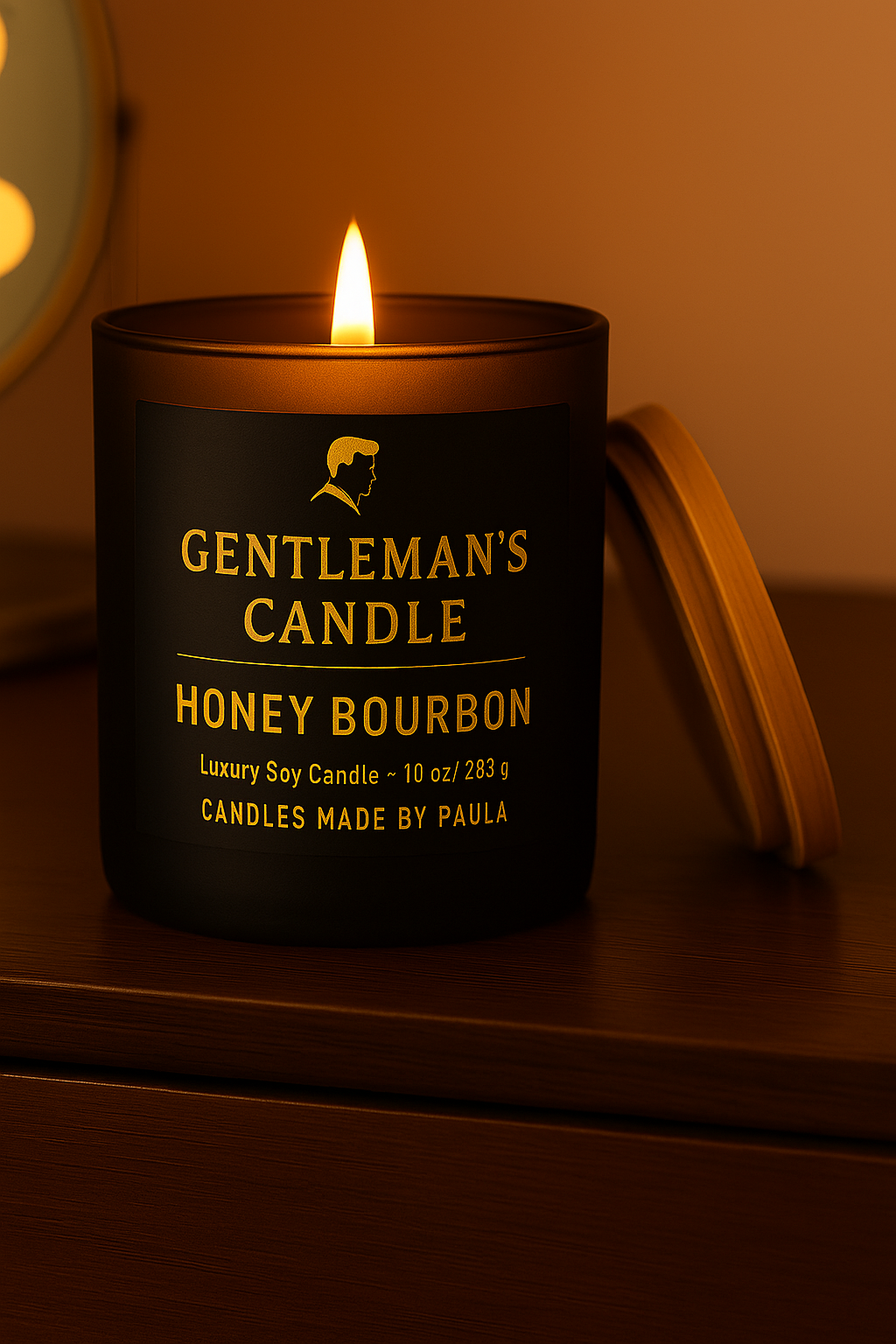 Honey Bourbon Candle in sleek black jar with warm honey and bourbon aroma for sophisticated celebration