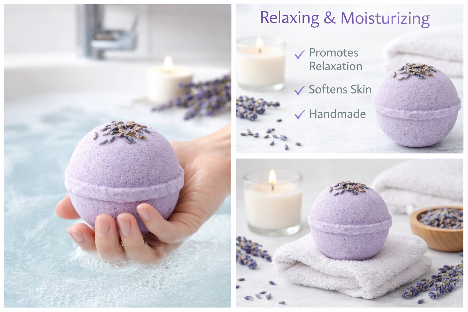 Lavender Bath Bomb dissolving in water with calming lavender scent for relaxation and skin nourishment