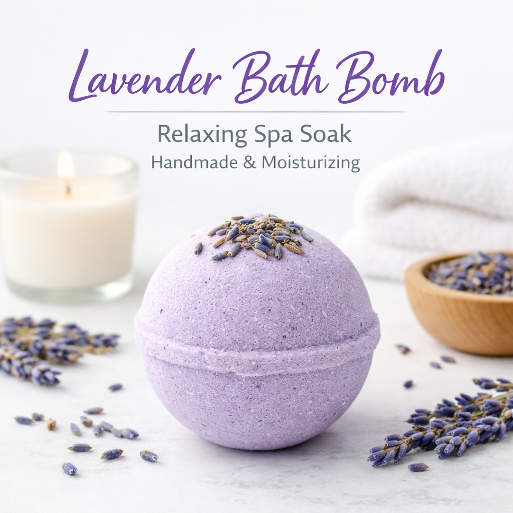 Lavender Bath Bomb dissolving in water with calming lavender scent and soothing skin benefits