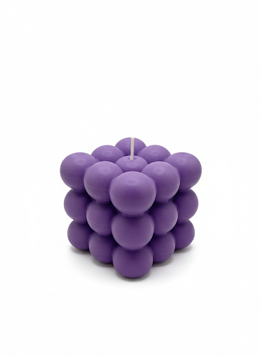 Modern Bubble Cube Candle in purple soy wax with raised bubble design and lavender scent