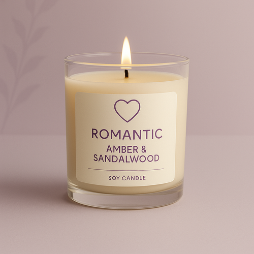 Amber & Sandalwood candle emitting warm, romantic amber and sandalwood fragrance in elegant glass jar