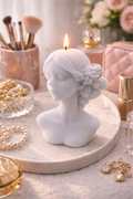 Handcrafted white Timeless Beauty Candle with braided hair and rose details, elegant home décor