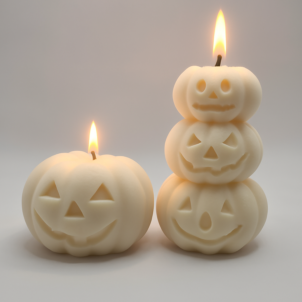 Two Halloween-themed candles with jack-o'-lantern faces on a light gray background