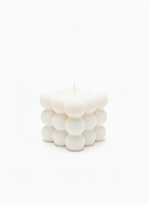 Modern Bubble Cube Candle with raised bubbles, soy wax, available in purple, white, and green colors.