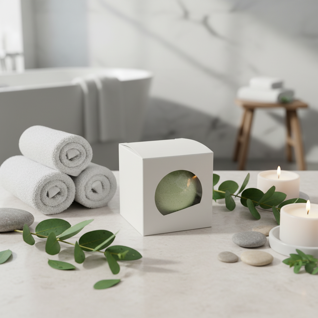 Eucalyptus Bath Bomb fizzing in water with eucalyptus leaves, promoting relaxation and skin nourishment