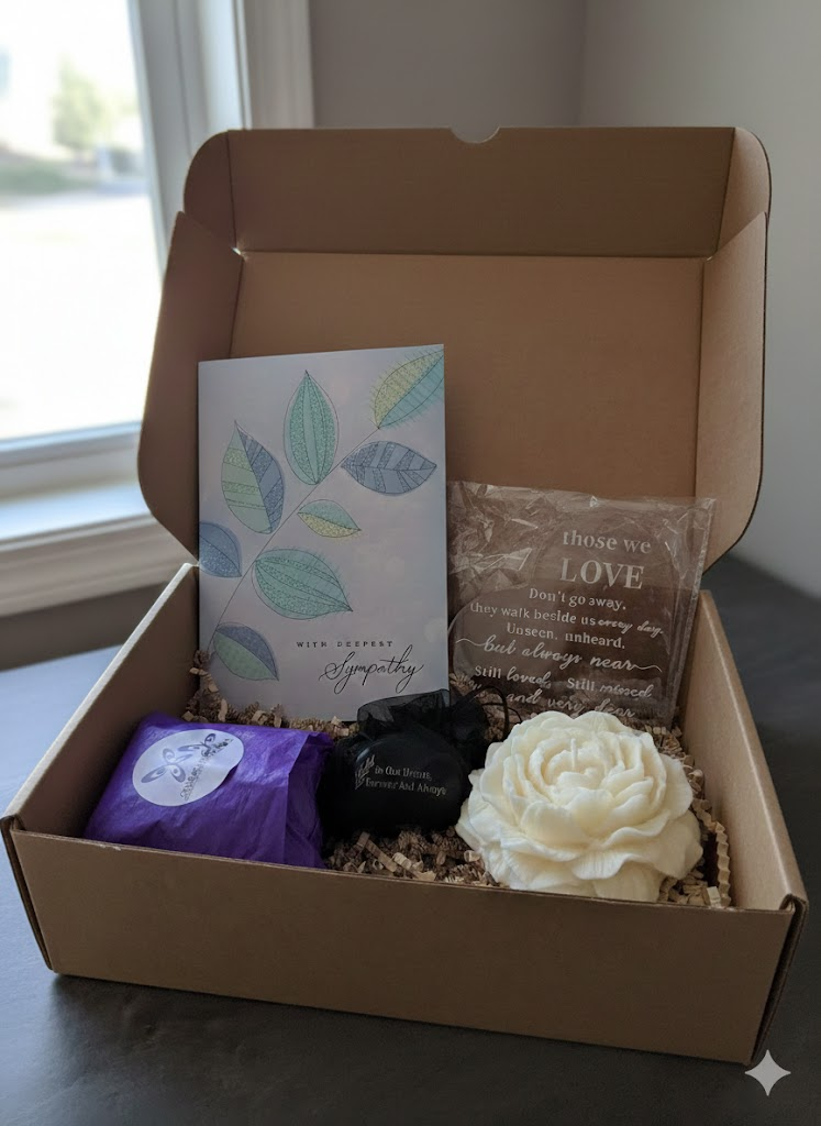 Sympathy Gift Box with vanilla peony flower candles, heart plaque, memorial stone and sympathy card in kraft box with crinkle paper