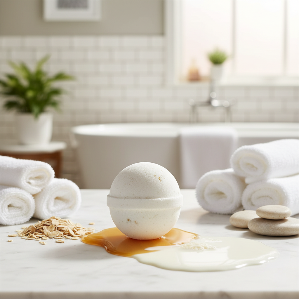 Single Oatmeal, Milk, & Honey Bath Bomb in Spa Setting