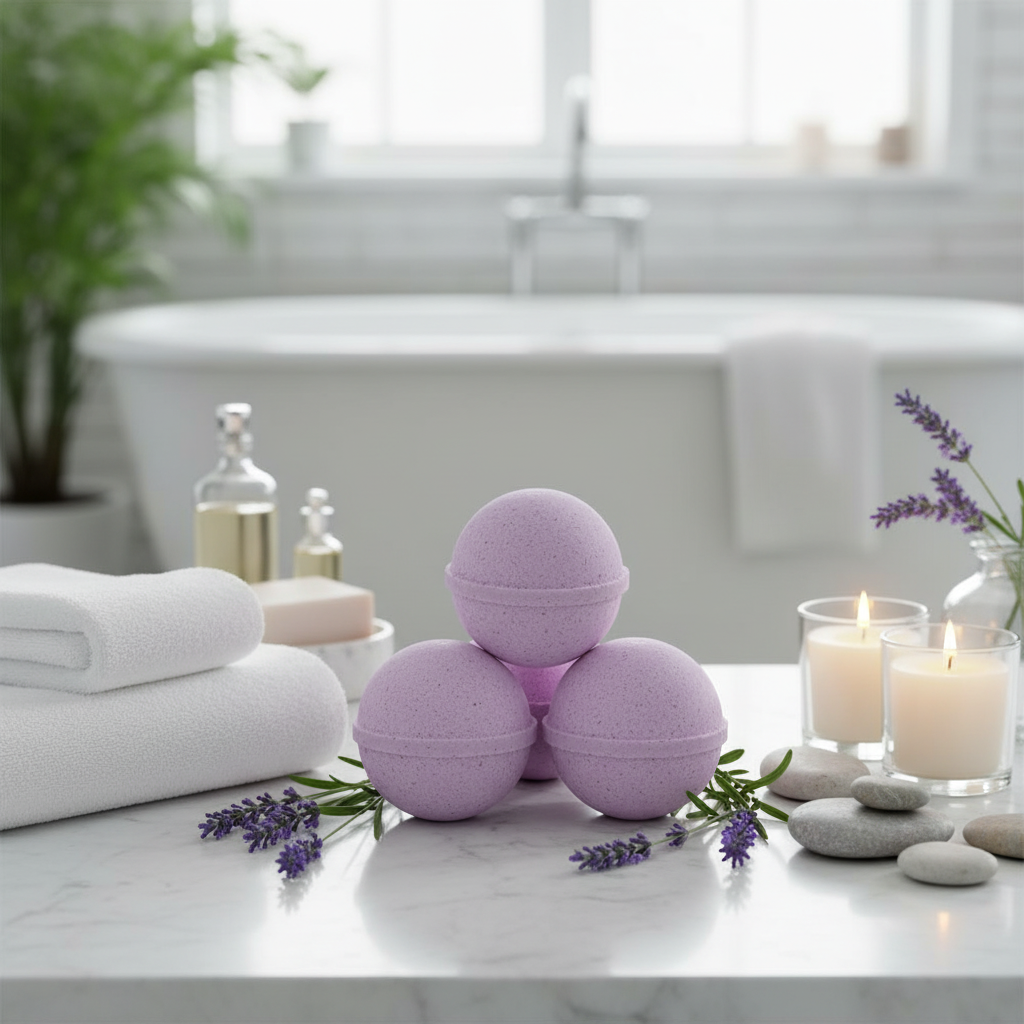 Lavender bath bomb dissolving in water with calming floral scent for relaxation and skin nourishment