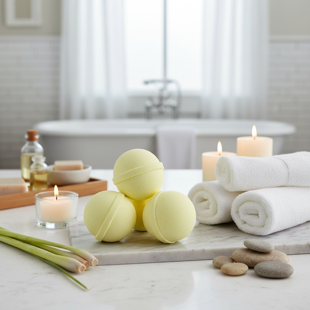 Lemongrass Bath Bomb releasing citrusy herbal scent in warm bath water for refreshing soak