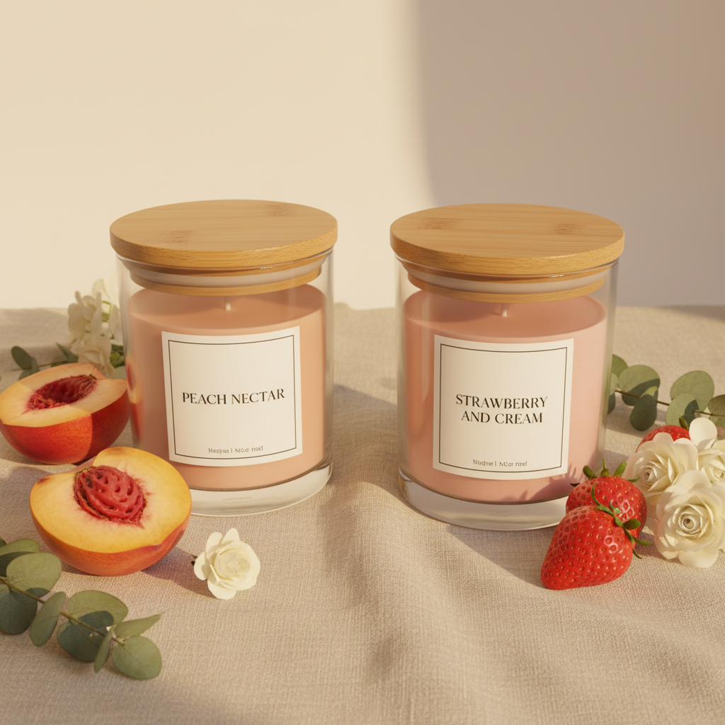 Two candles labeled 'Peach Nectar' and 'Strawberry and Cream' with fruit and flowers on a neutral background.
