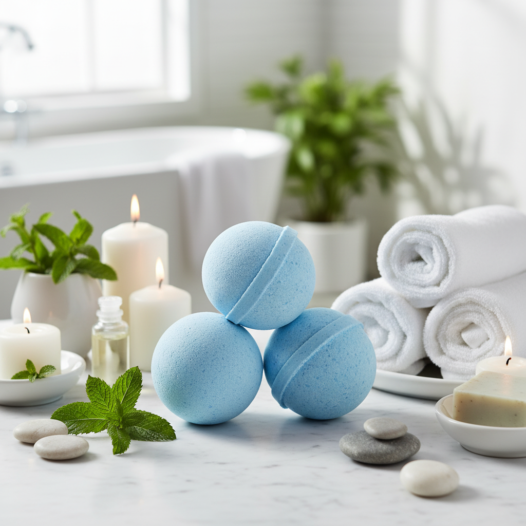 Refreshing peppermint bath bomb fizzing in water with mint leaves background