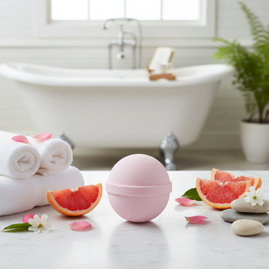 Vibrant grapefruit bath bomb fizzing in water with citrus scent and skin-nourishing ingredients